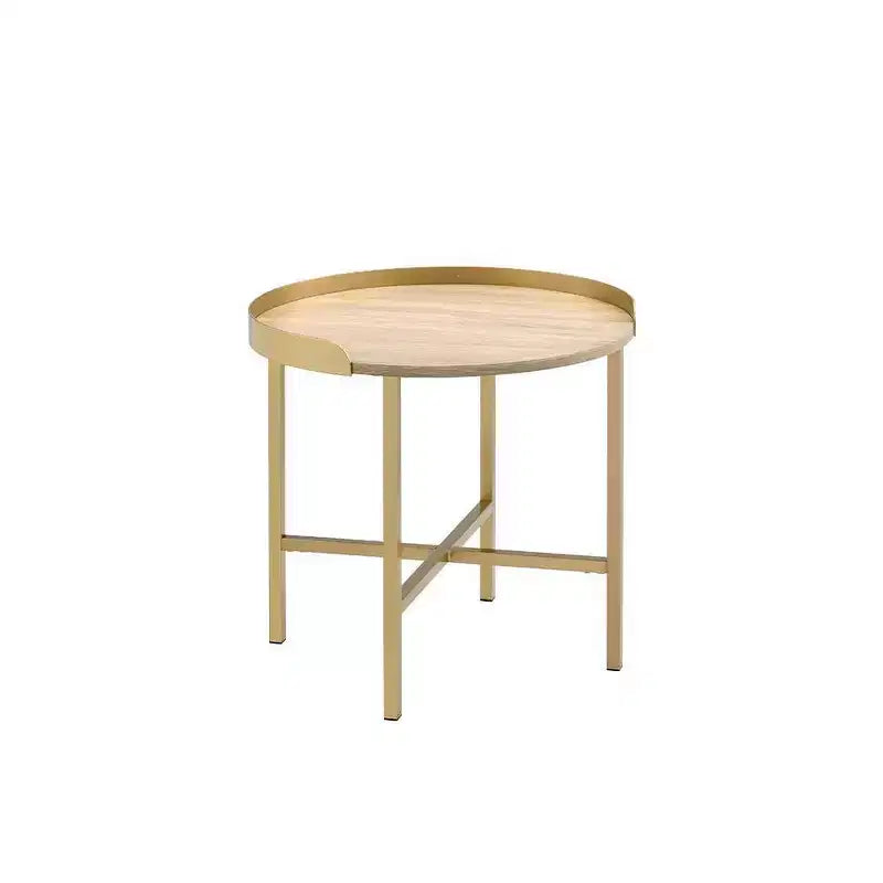 22" Mithea Accent Table Oak Top, Gold Metal Base - Acme Furniture: Round, Cross Bar Design, No Tools Assembly
