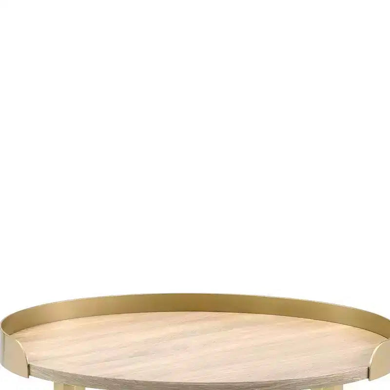 Table d'appoint ronde 22", plateau en chêne et piètement croisé en métal doré
