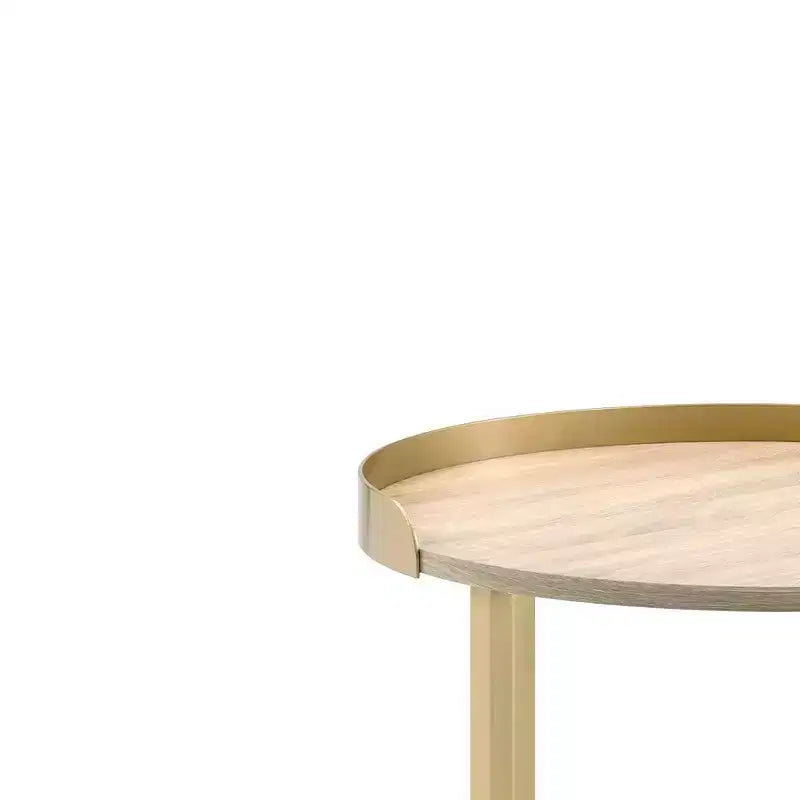 Table d'appoint ronde 22", plateau en chêne et piètement croisé en métal doré