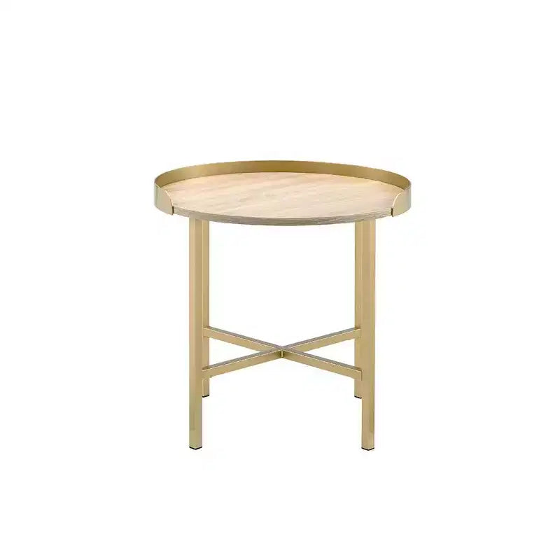 Table d'appoint ronde 22", plateau en chêne et piètement croisé en métal doré