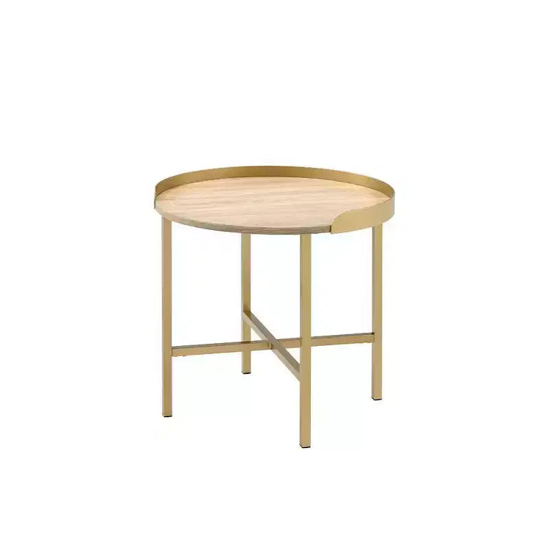 Table d'appoint ronde 22", plateau en chêne et piètement croisé en métal doré