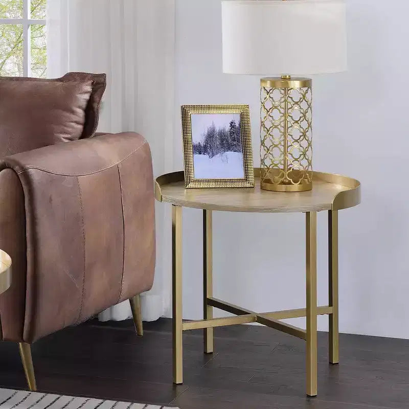 Table d'appoint ronde 22", plateau en chêne et piètement croisé en métal doré