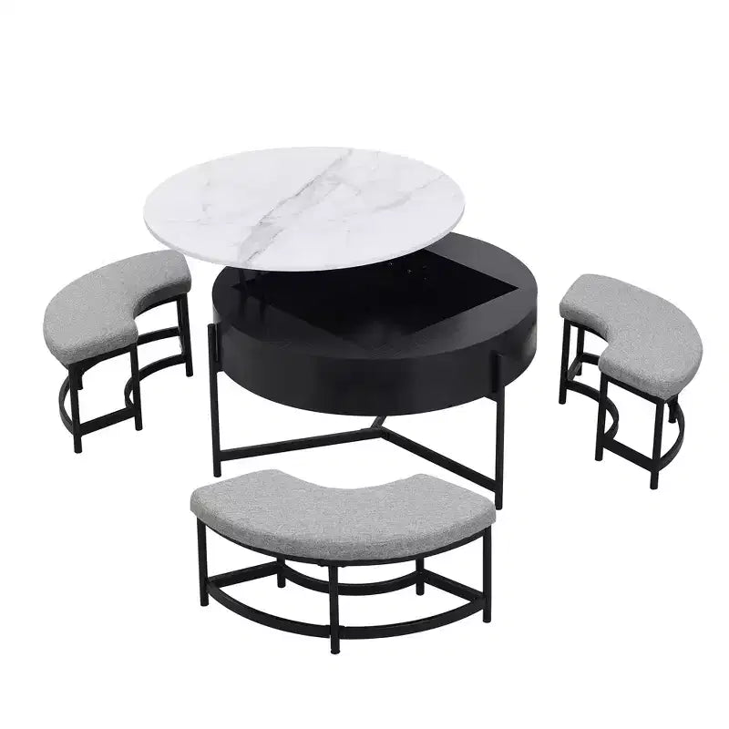 Table basse ronde moderne relevable avec rangement et 3 poufs, Blanc/Noir