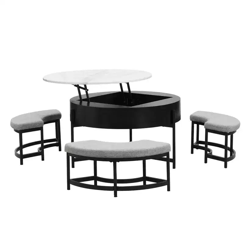 Table basse ronde moderne relevable avec rangement et 3 poufs, Blanc/Noir