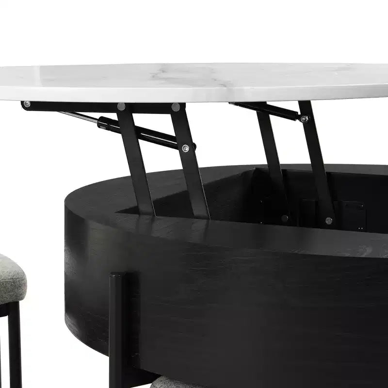 Table basse ronde moderne relevable avec rangement et 3 poufs, Blanc/Noir