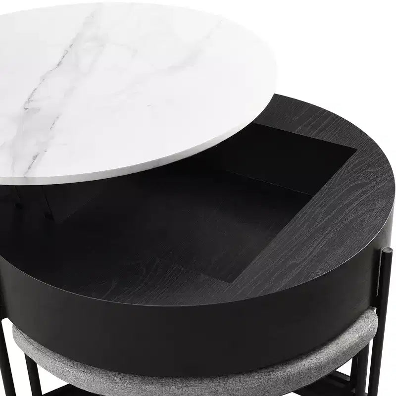 Table basse ronde moderne relevable avec rangement et 3 poufs, Blanc/Noir