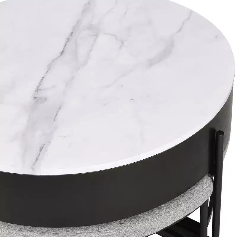 Table basse ronde moderne relevable avec rangement et 3 poufs, Blanc/Noir
