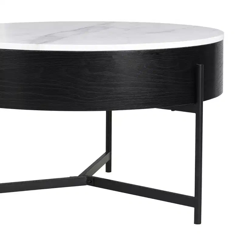Table basse ronde moderne relevable avec rangement et 3 poufs, Blanc/Noir