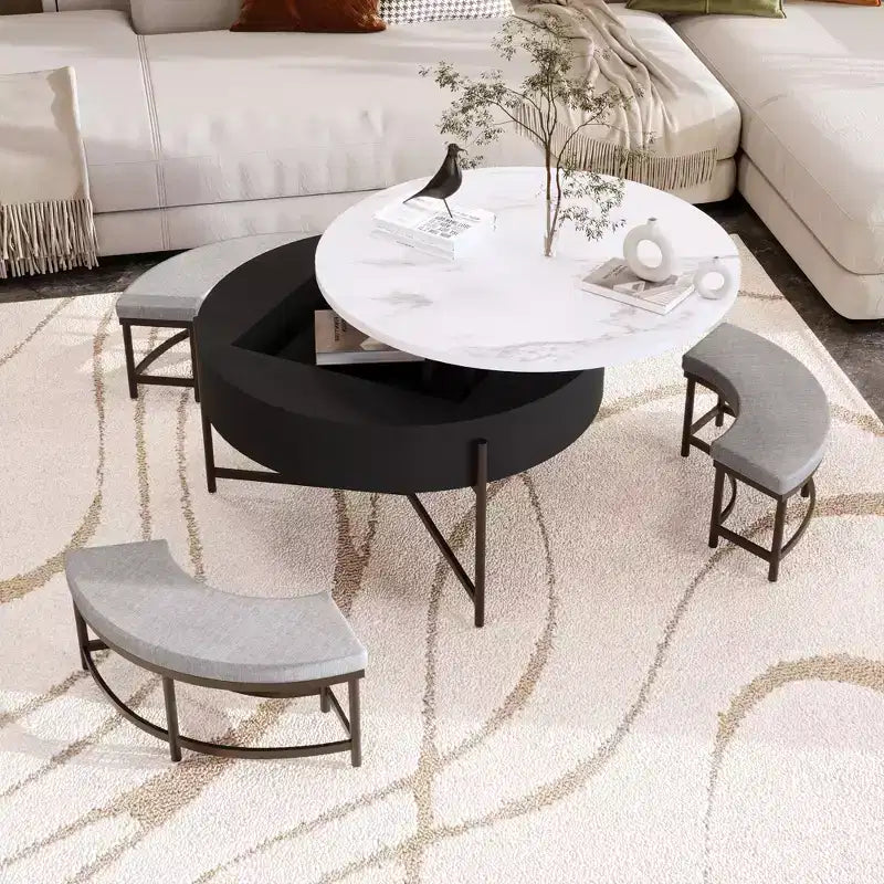 Table basse ronde moderne relevable avec rangement et 3 poufs, Blanc/Noir