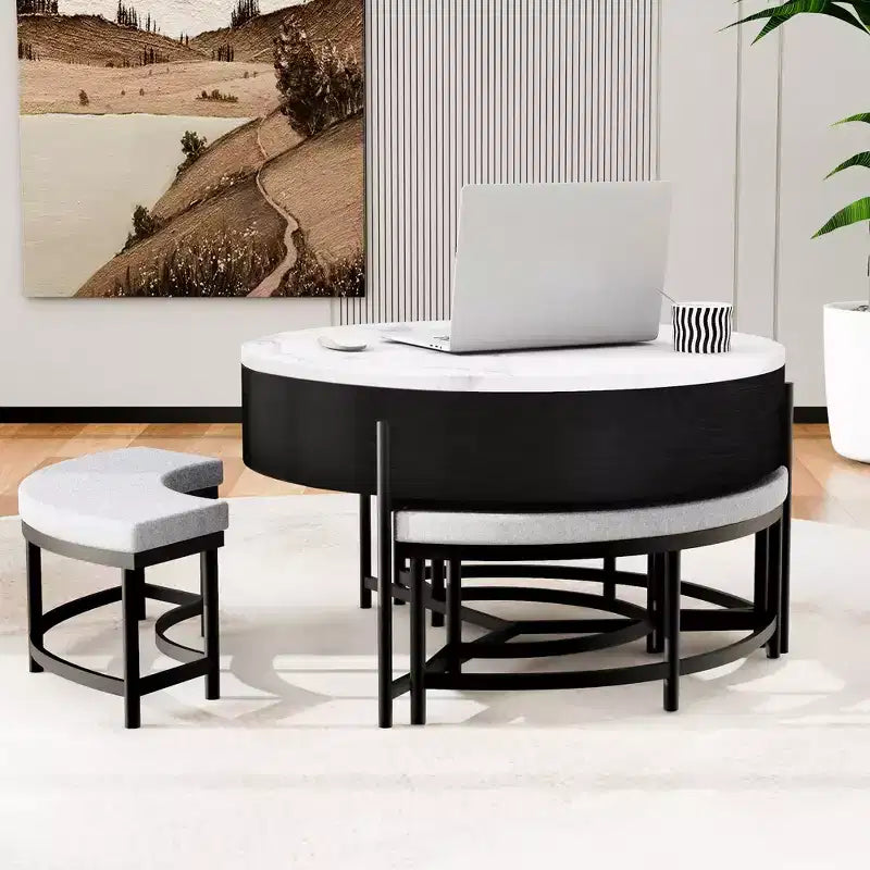 Table basse ronde moderne relevable avec rangement et 3 poufs, Blanc/Noir