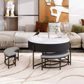 Table basse ronde moderne relevable avec rangement et 3 poufs, Blanc/Noir