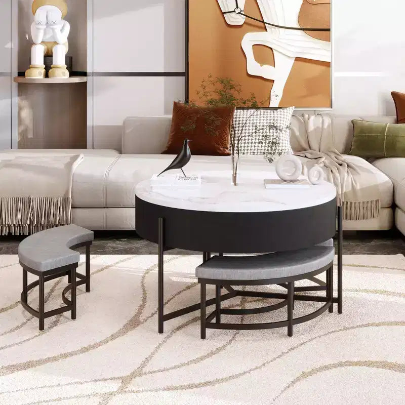 Table basse ronde moderne relevable avec rangement et 3 poufs, Blanc/Noir