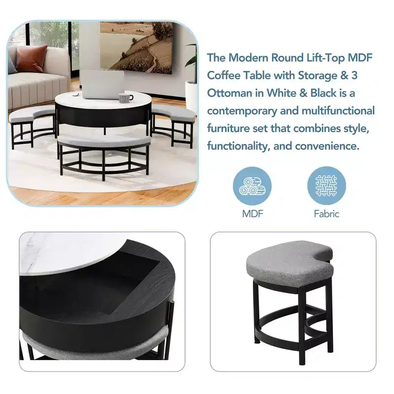 Table basse ronde moderne relevable avec rangement et 3 poufs, Blanc/Noir
