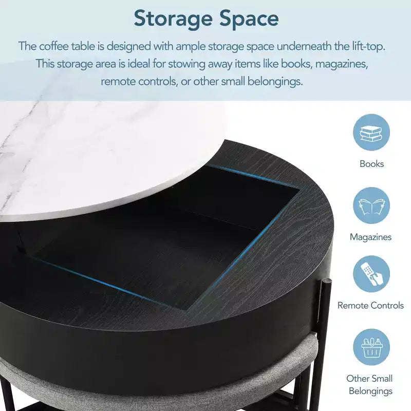 Table basse ronde moderne relevable avec rangement et 3 poufs, Blanc/Noir