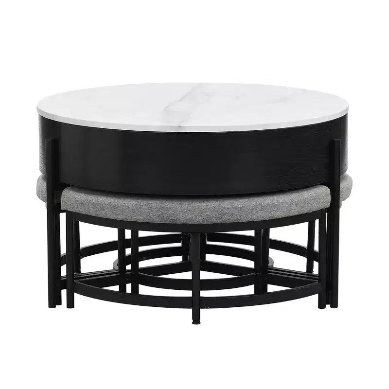 Table basse ronde moderne relevable avec rangement et 3 poufs, Blanc/Noir