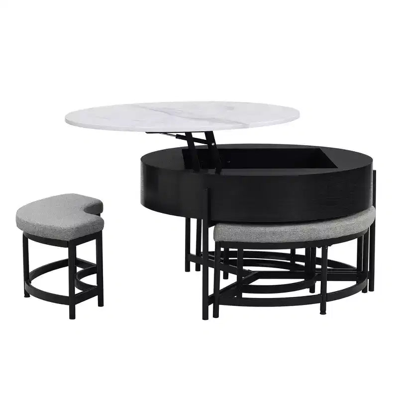 Table basse ronde moderne relevable avec rangement et 3 poufs, Blanc/Noir