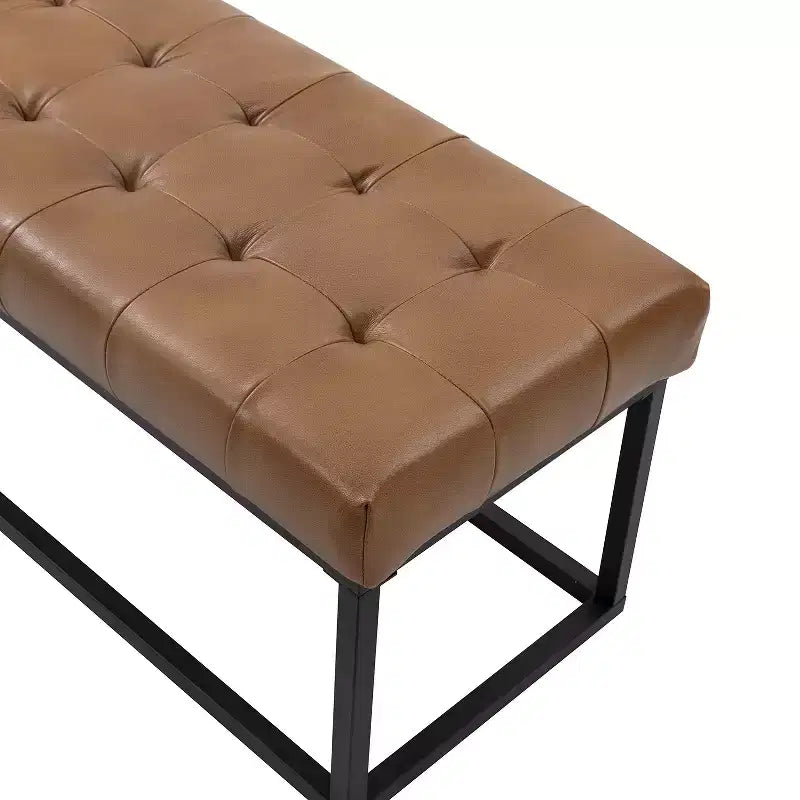 Banc de chambre de 60" de large avec coussin en cuir véritable et base en métal