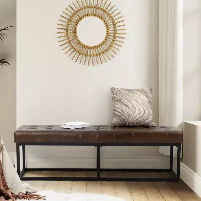 Banc de chambre de 60" de large avec coussin en cuir véritable et base en métal
