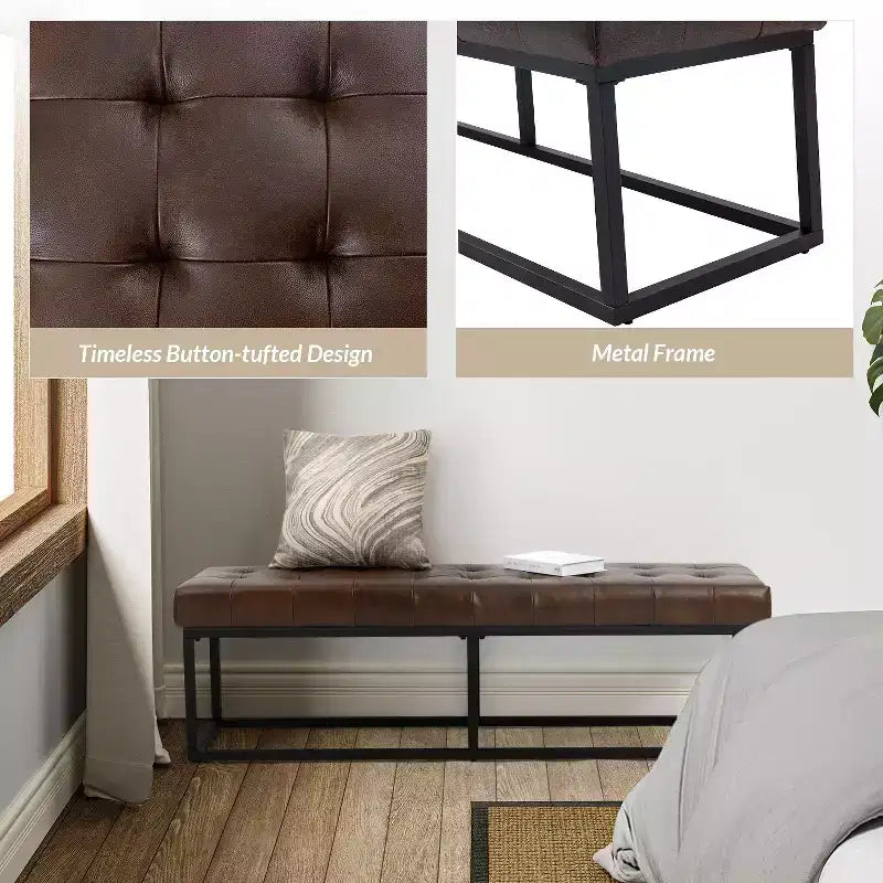 Banc de chambre de 60" de large avec coussin en cuir véritable et base en métal