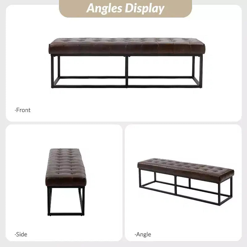 Banc de chambre de 60" de large avec coussin en cuir véritable et base en métal