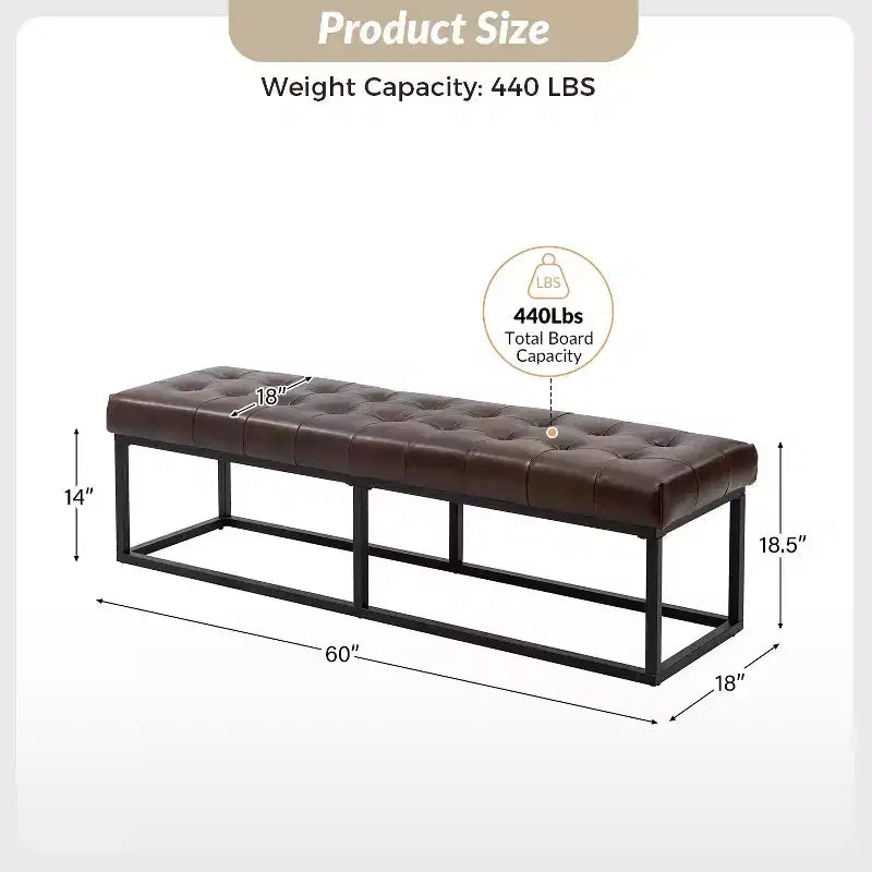 Banc de chambre de 60" de large avec coussin en cuir véritable et base en métal