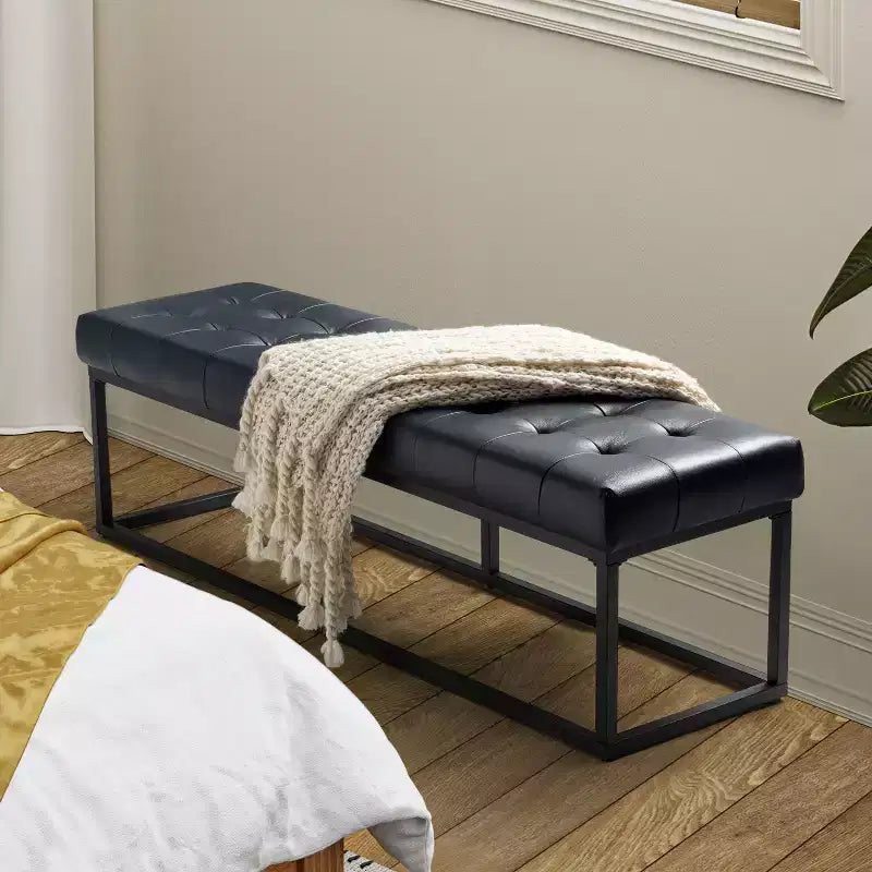 Banc de chambre de 60" de large avec coussin en cuir véritable et base en métal
