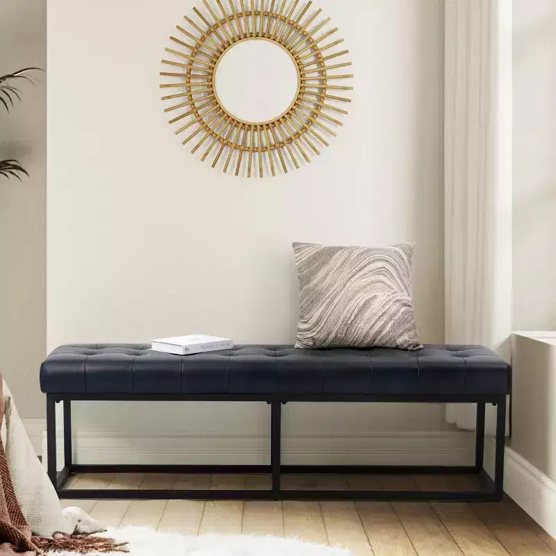 Banc de chambre de 60" de large avec coussin en cuir véritable et base en métal