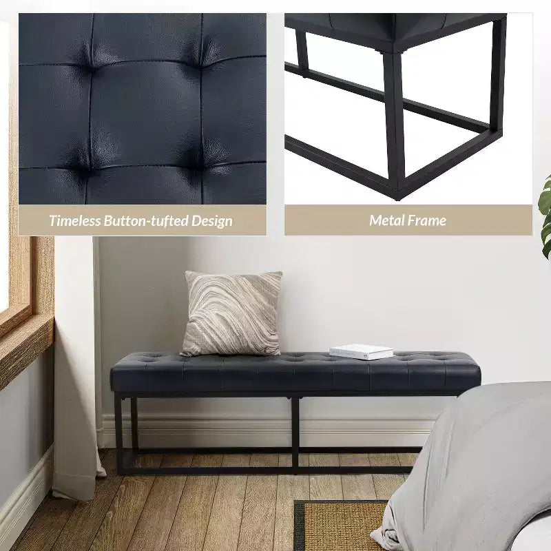 Banc de chambre de 60" de large avec coussin en cuir véritable et base en métal