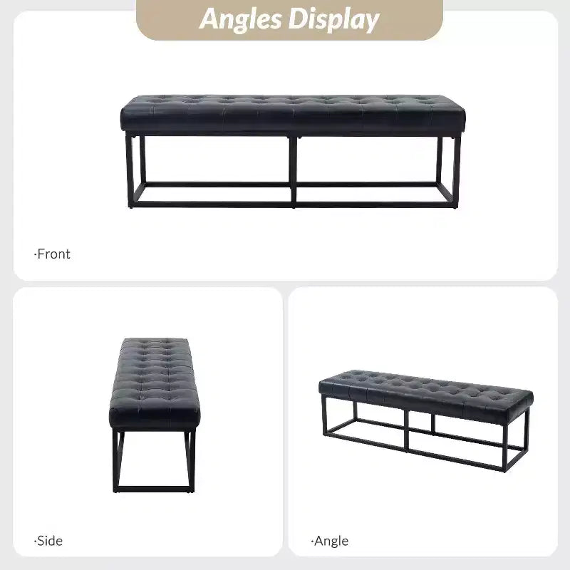 Banc de chambre de 60" de large avec coussin en cuir véritable et base en métal