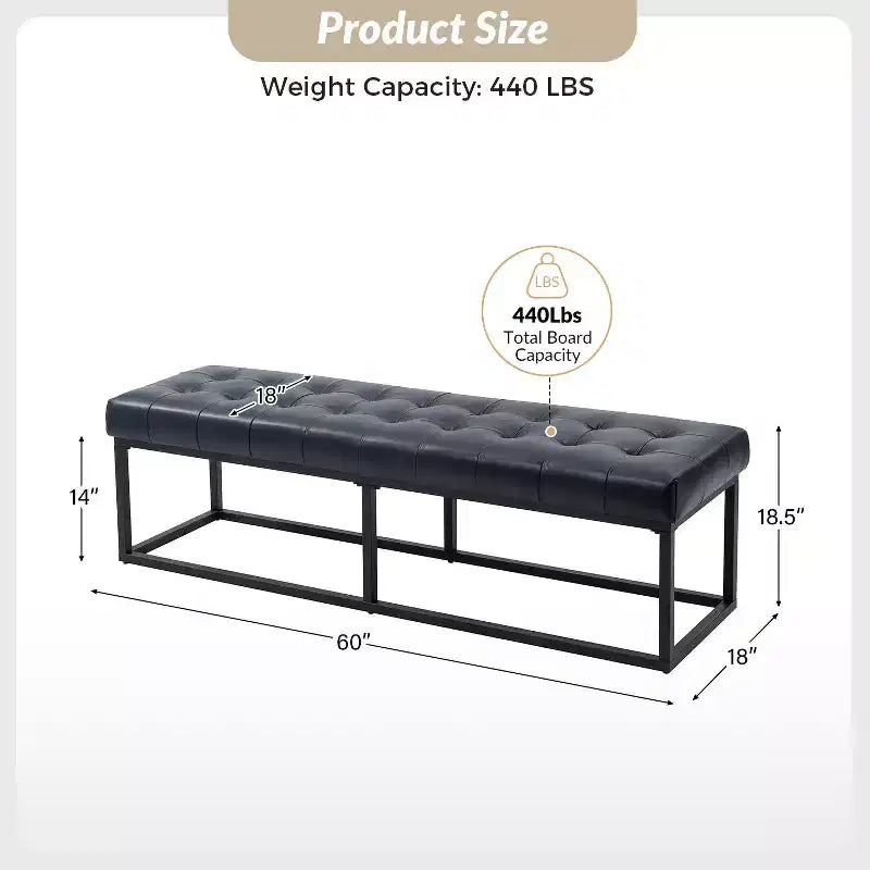 Banc de chambre de 60" de large avec coussin en cuir véritable et base en métal