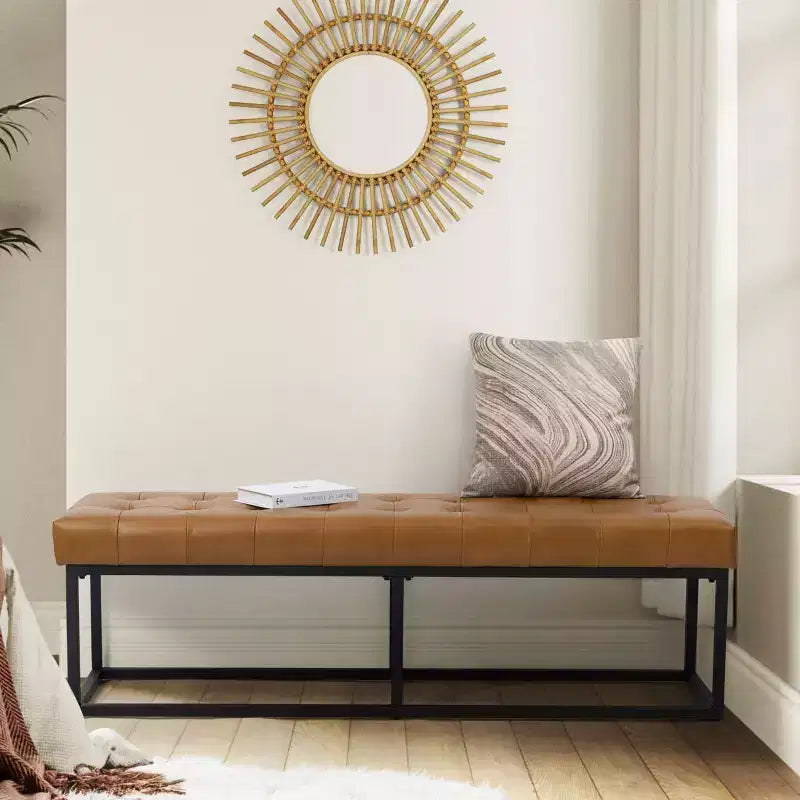 Banc de chambre de 60" de large avec coussin en cuir véritable et base en métal