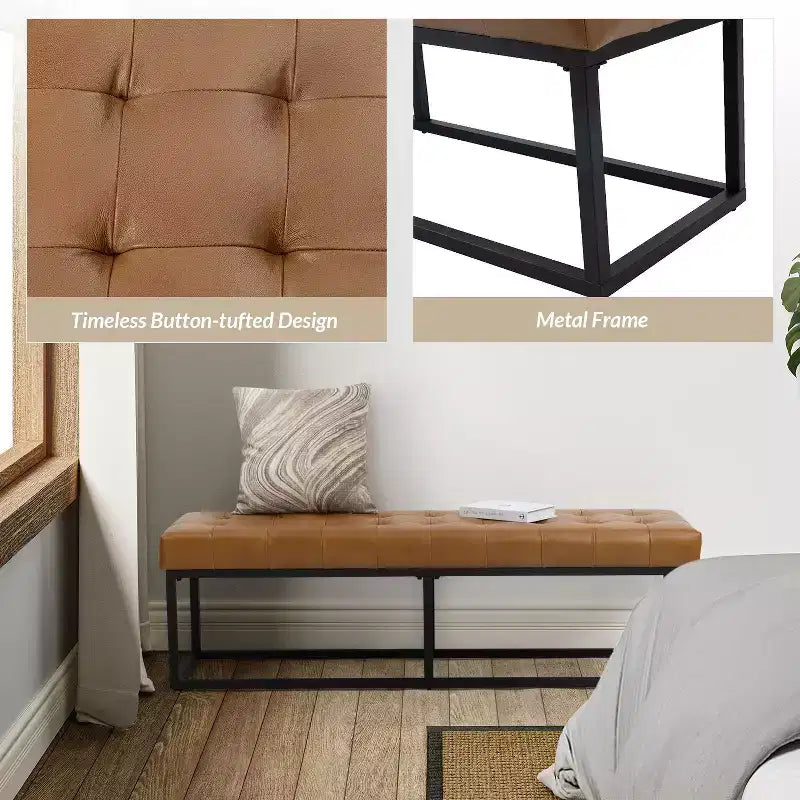 Banc de chambre de 60" de large avec coussin en cuir véritable et base en métal