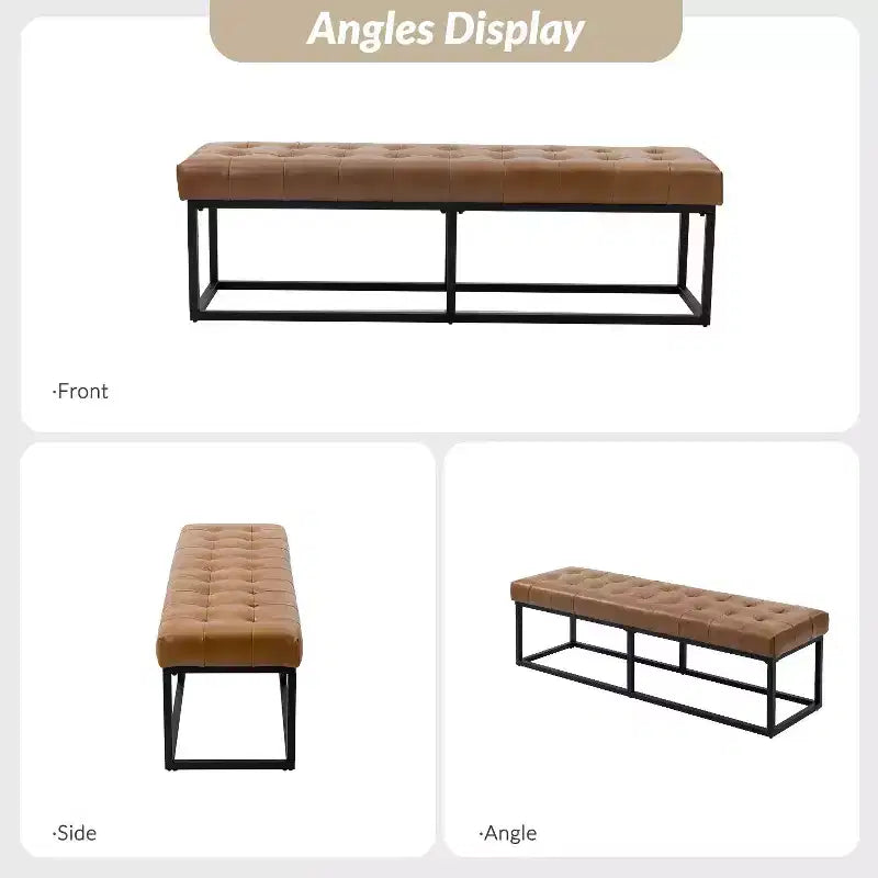 Banc de chambre de 60" de large avec coussin en cuir véritable et base en métal