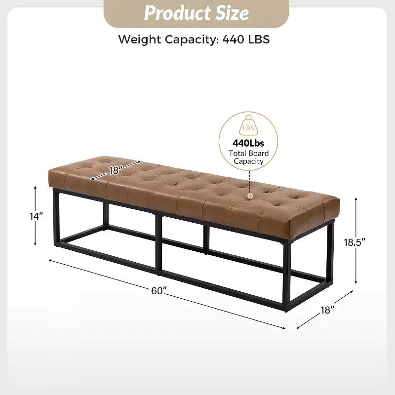 Banc de chambre de 60" de large avec coussin en cuir véritable et base en métal