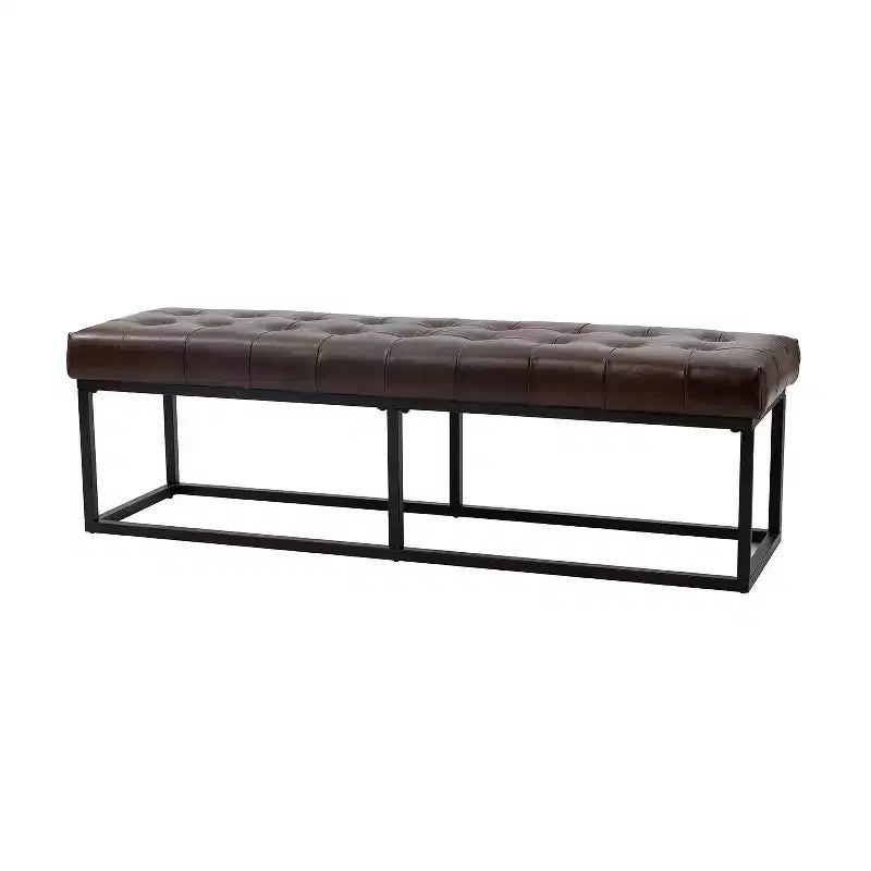 Banc de chambre de 60" de large avec coussin en cuir véritable et base en métal
