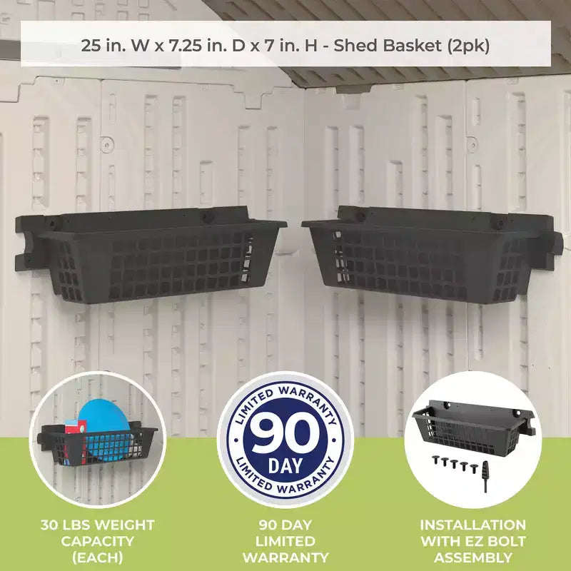 Panier de rangement pour abri de jardin, extérieur, 25 x 7,25 po, noir, lot de 2