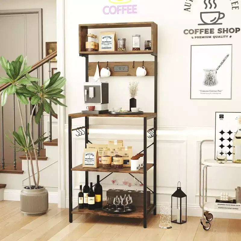Meuble de cuisine pour boulanger, étagère à café 5 niveaux avec prise électrique et armoire de rangement, étagères ouvertes