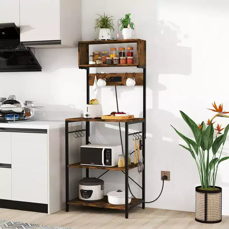 Meuble de cuisine pour boulanger, étagère à café 5 niveaux avec prise électrique et armoire de rangement, étagères ouvertes