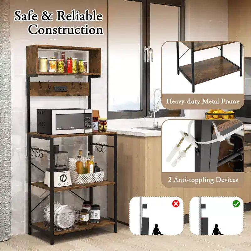 Meuble de cuisine pour boulanger, étagère à café 5 niveaux avec prise électrique et armoire de rangement, étagères ouvertes