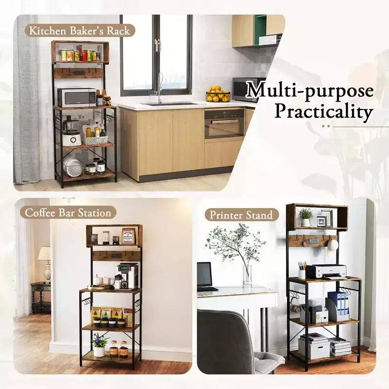 Meuble de cuisine pour boulanger, étagère à café 5 niveaux avec prise électrique et armoire de rangement, étagères ouvertes