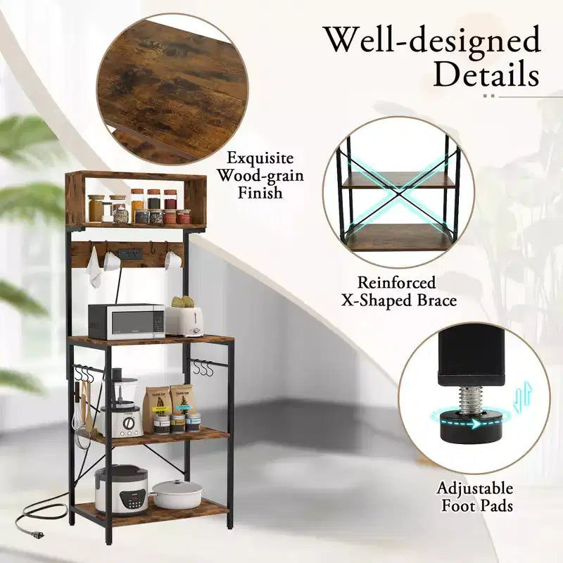 Meuble de cuisine pour boulanger, étagère à café 5 niveaux avec prise électrique et armoire de rangement, étagères ouvertes