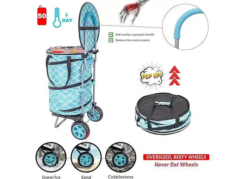 Chariot de courses pliable isotherme avec sac isotherme amovible, motif carreaux marocains