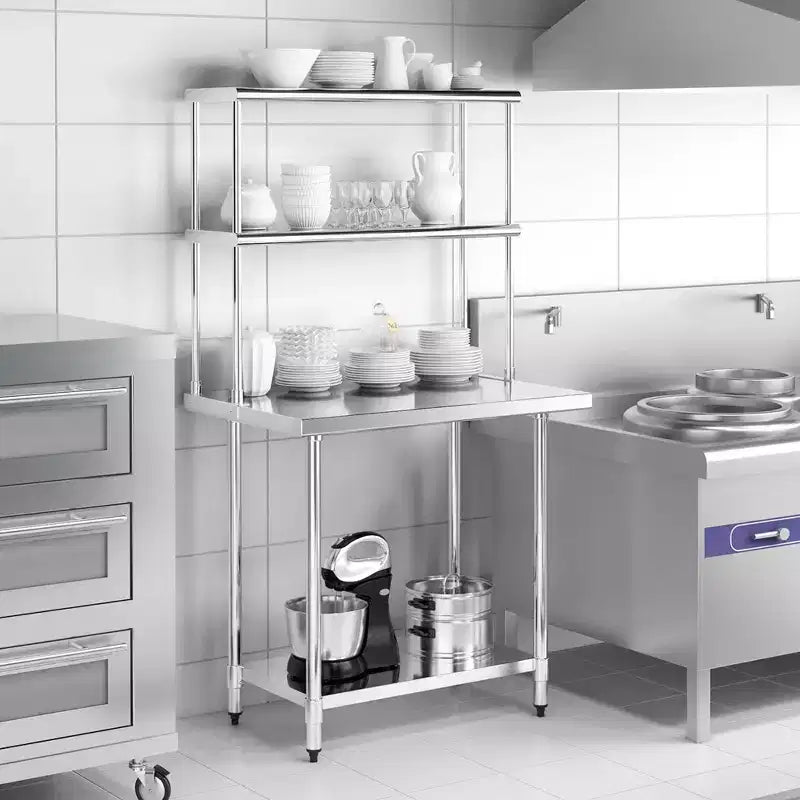 Étagère supérieure en acier inoxydable à 2 niveaux de 91 cm pour table de préparation et de travail, avec étagère inférieure réglable