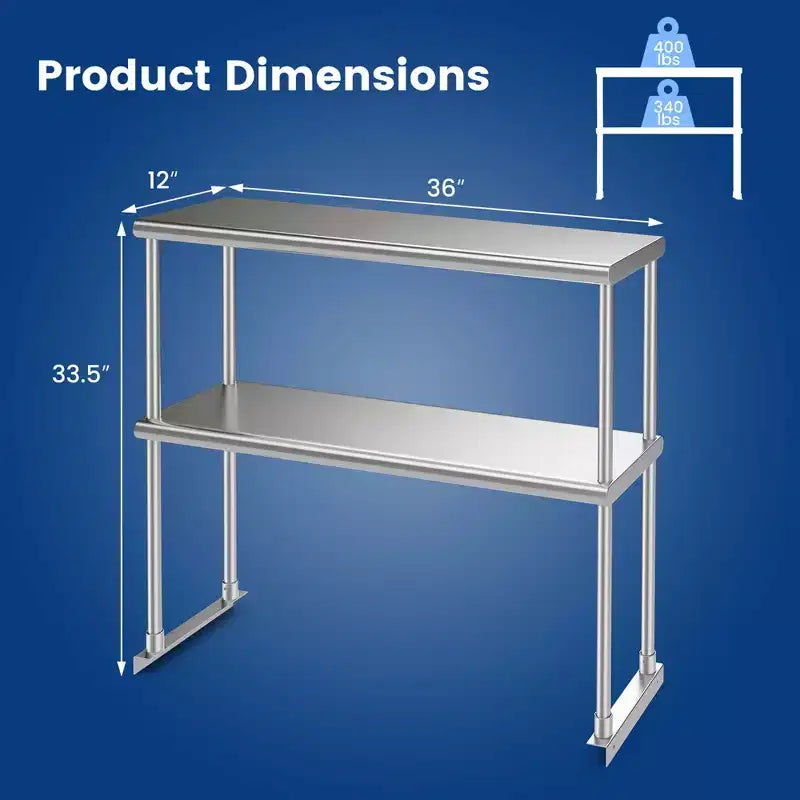 Étagère supérieure en acier inoxydable à 2 niveaux de 91 cm pour table de préparation et de travail, avec étagère inférieure réglable