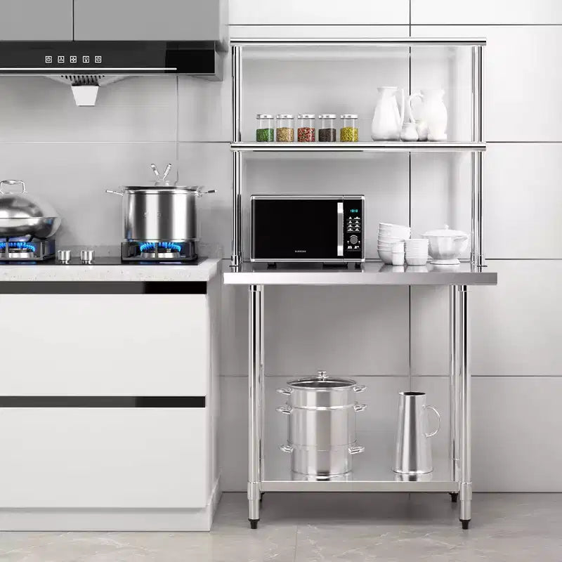 Étagère supérieure en acier inoxydable à 2 niveaux de 91 cm pour table de préparation et de travail, avec étagère inférieure réglable