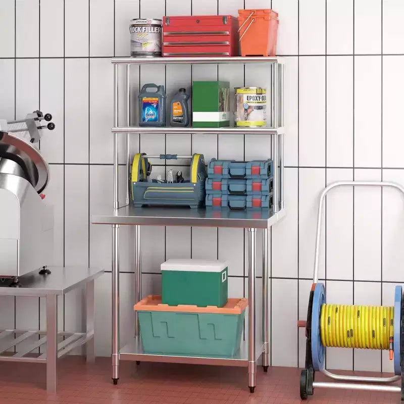 Étagère supérieure en acier inoxydable à 2 niveaux de 91 cm pour table de préparation et de travail, avec étagère inférieure réglable