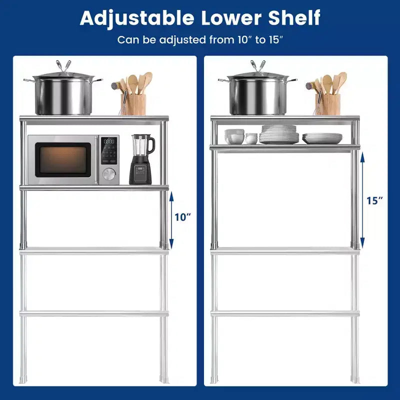 Étagère supérieure en acier inoxydable à 2 niveaux de 91 cm pour table de préparation et de travail, avec étagère inférieure réglable