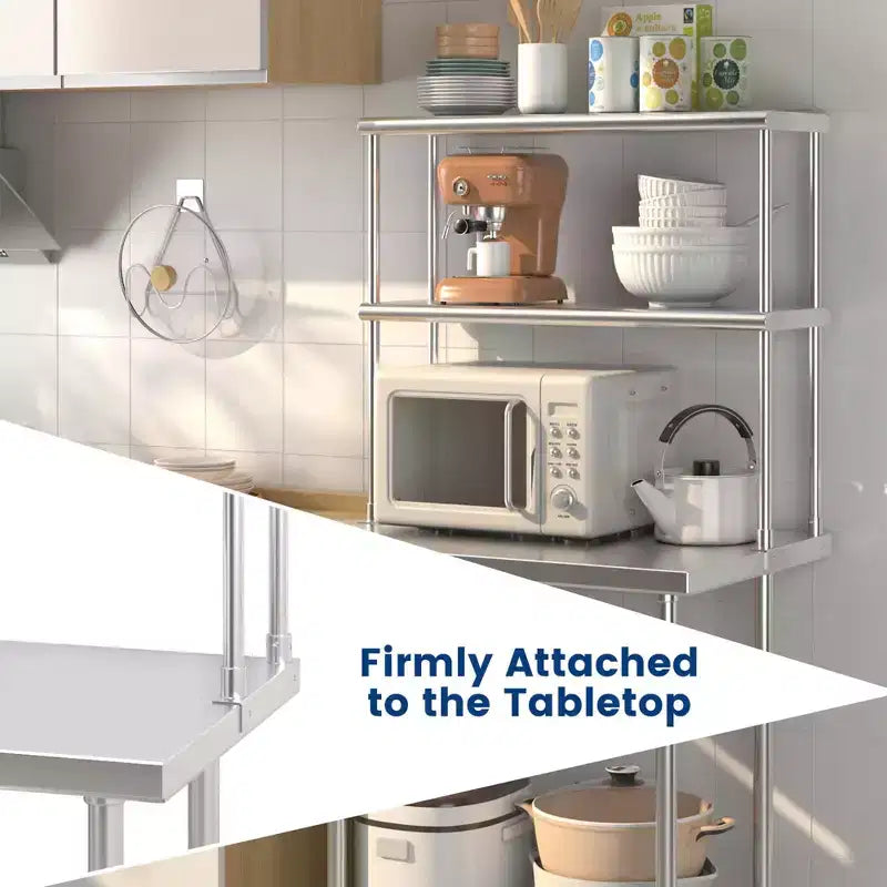 Étagère supérieure en acier inoxydable à 2 niveaux de 91 cm pour table de préparation et de travail, avec étagère inférieure réglable
