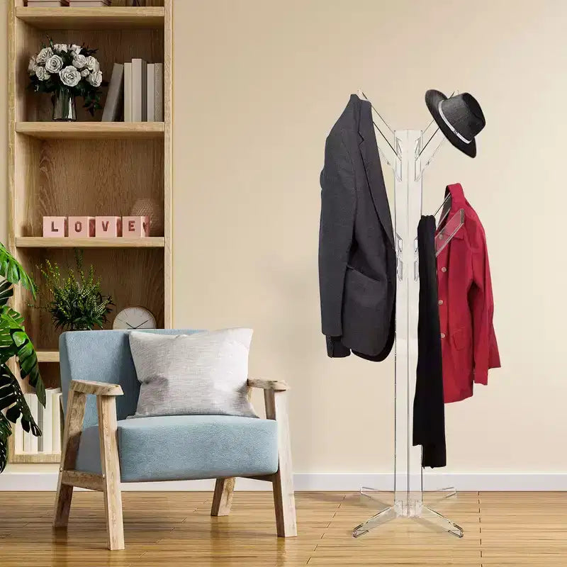 Porte-manteau autoportant en acrylique, robuste, pour chapeaux, vêtements et parapluies