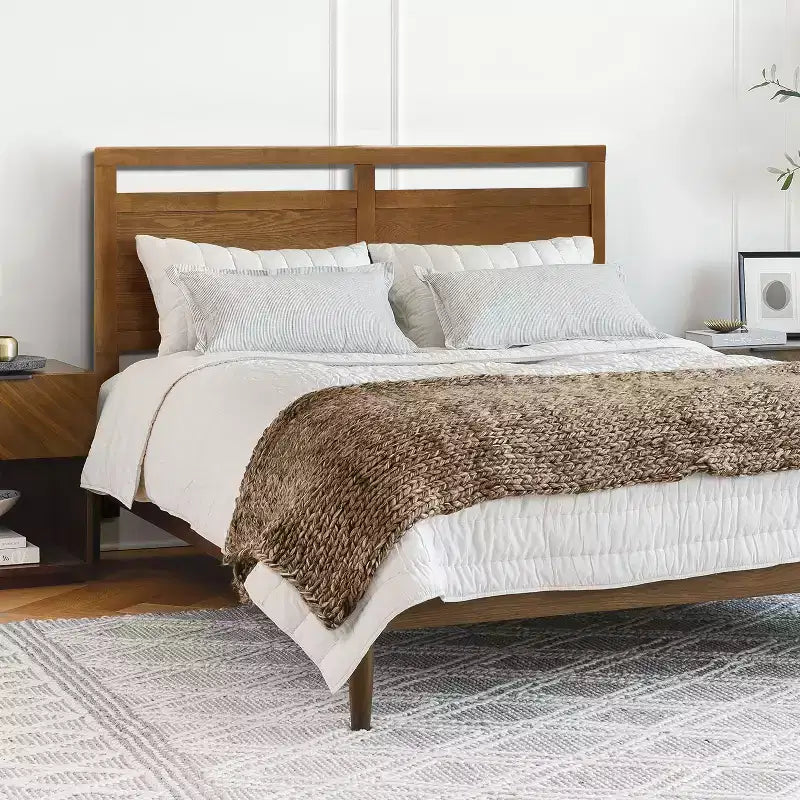 Tête de lit double en bois de style ferme, Grand lit (Queen), Marron